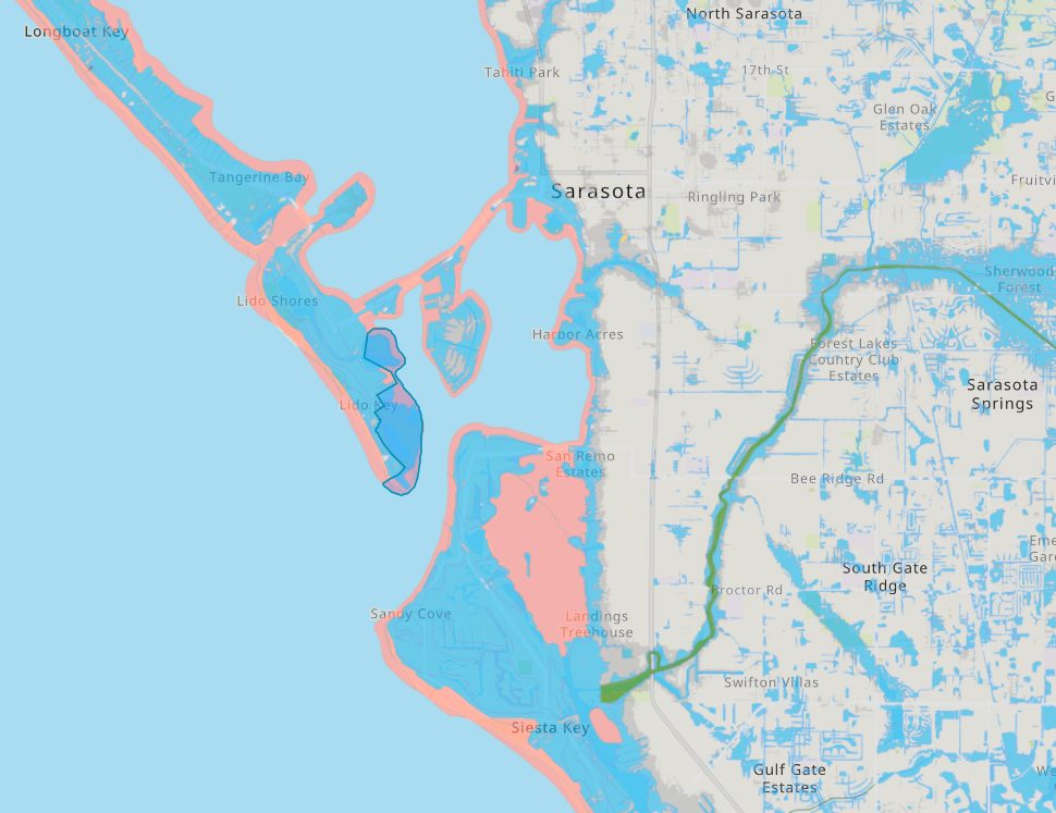 Flood zone map of Lido Key, Sarasota Bay, and Siesta Key