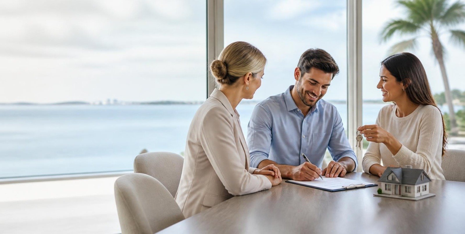 Three people at a table by the water: one signs papers while another holds up house keys beside a small model house
